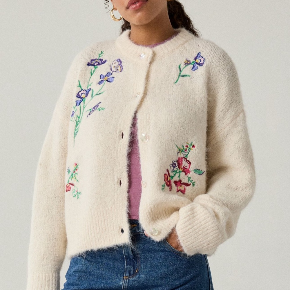 NWT BDG Embroidered Cream Button-Up Cardigan Sweater